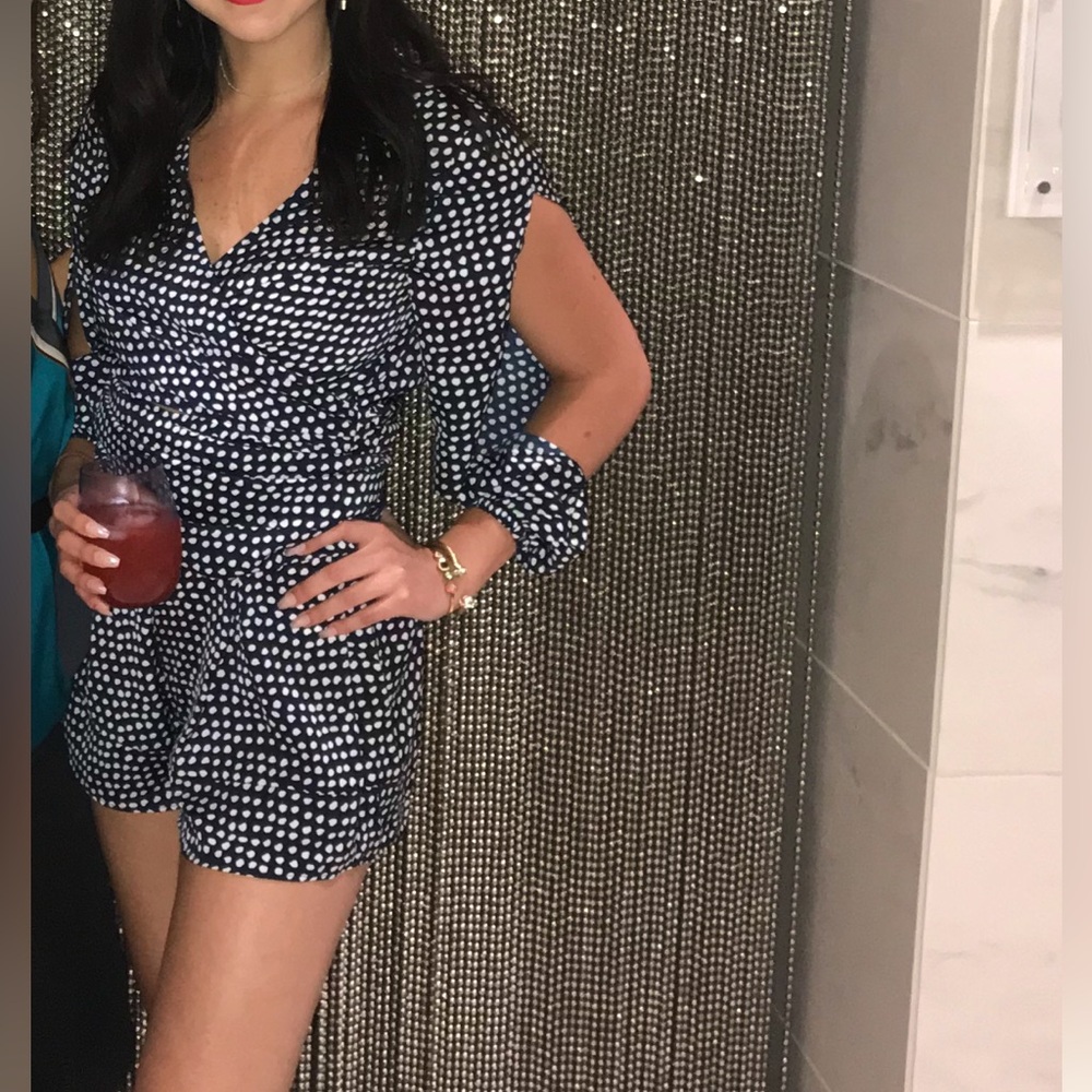 The Fifth Label Navy and White Polka Dot Long Sleeve Romper - Size Small